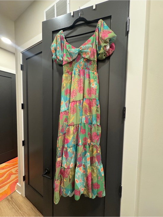 Amazon Dresses & Skirts - Floral Puff Sleeve Tiered Maxi Dress - Green & Pink